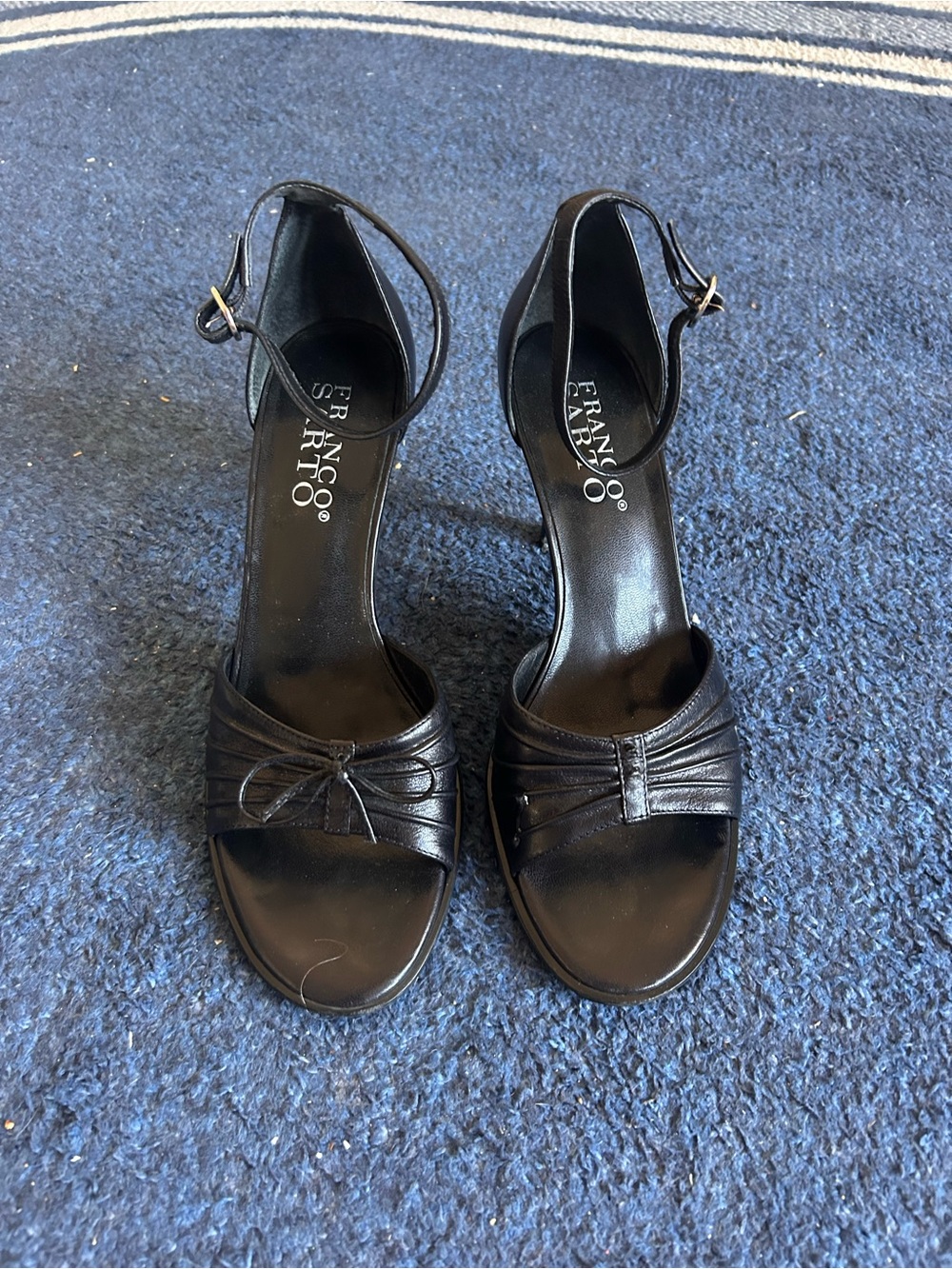 Franco Sarto Black Ankle-Strap Ruched Bow Heels
